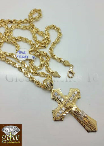 Real 10k Gold Men's Jesus Crucifix Cross Pendent Charm, 26 Inch Rope Chain,Cuban