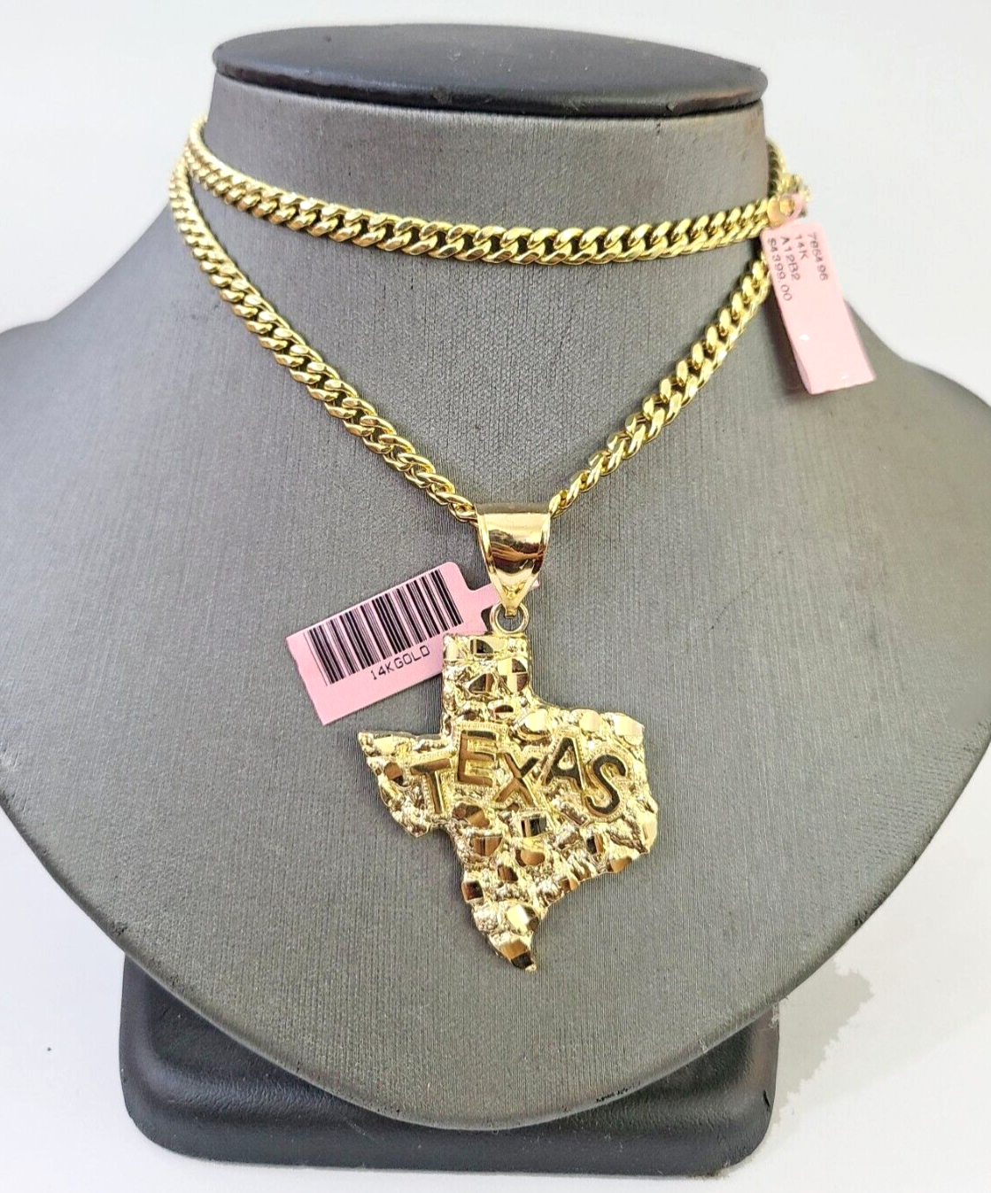 14k Gold Cuban Link Chain 24" Necklace Texas Map Charm Pendant Real 14KT SET