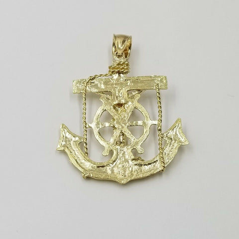 REAL 10k Gold Jesus Anchor Charm Pendent 6mm Rope Chain Diamond Cut 20 22 24 26