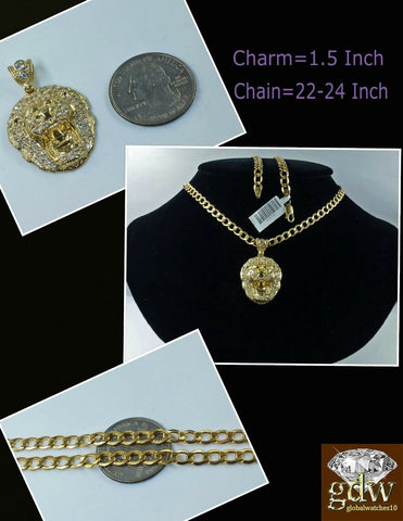 Real Mens 10k Gold Miami Cuban Link 26" Inch Chain with Lion Head Charm Pendant
