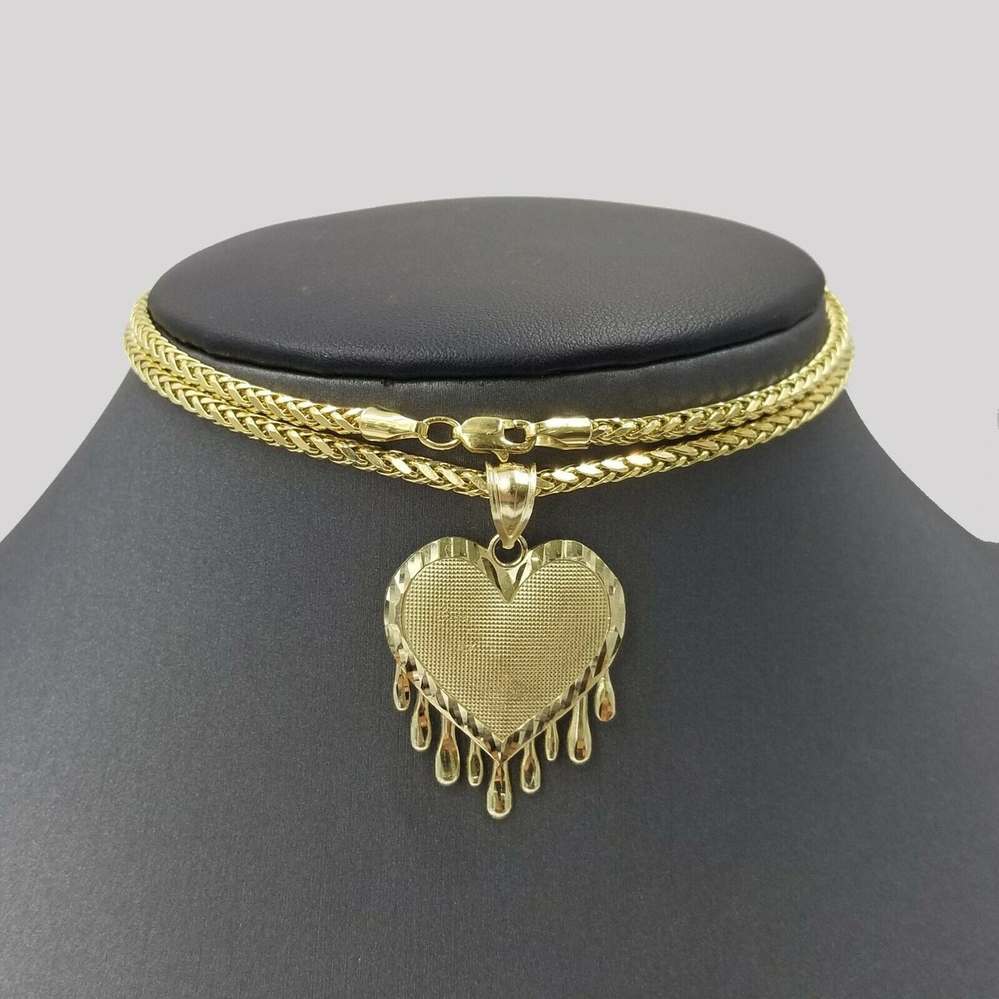 10k Dripping Heart Yellow Gold Diamond Cut Pendant Palm Chain 20" 3mm