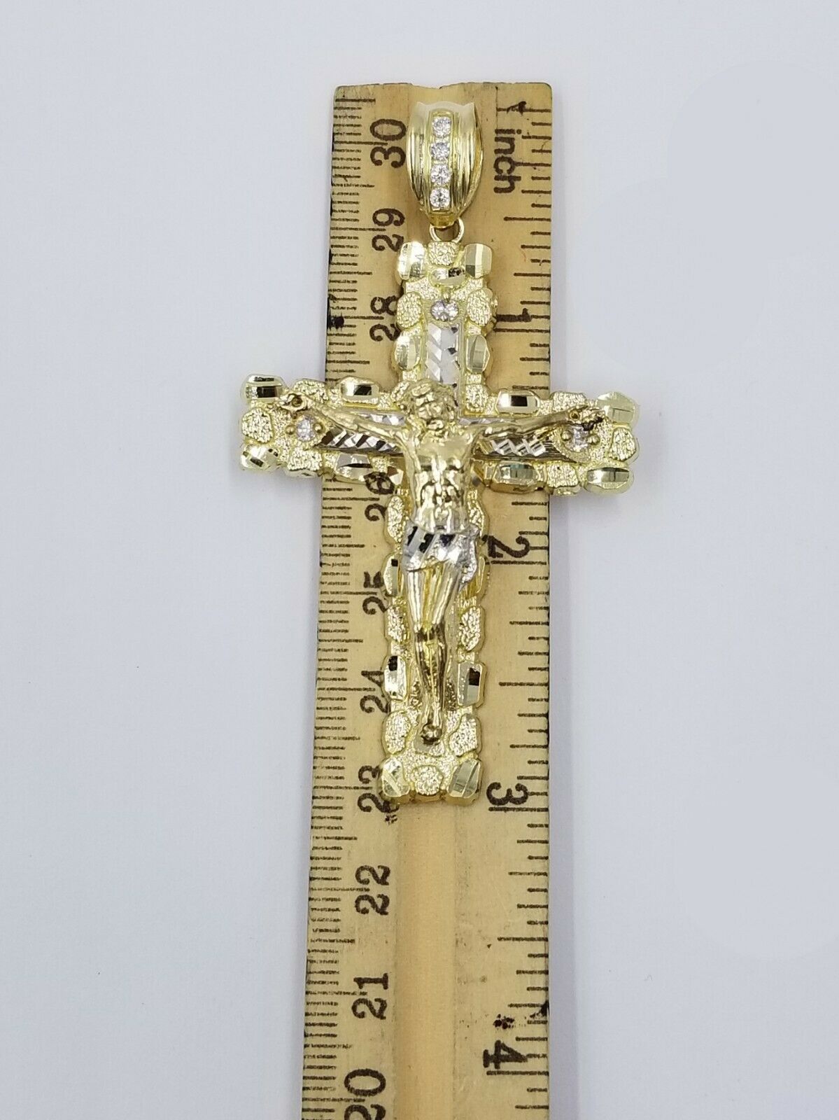 10k Gold Byzantine 24" Necklace Jesus Nugget Cross Pendant 3" Charm 5mm Chain