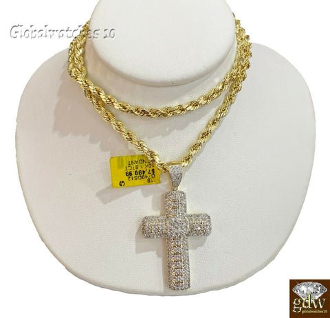 Real Diamond Cross with Solid 10k Rope Chain 20 22 24 26 28 inch, vs full cut