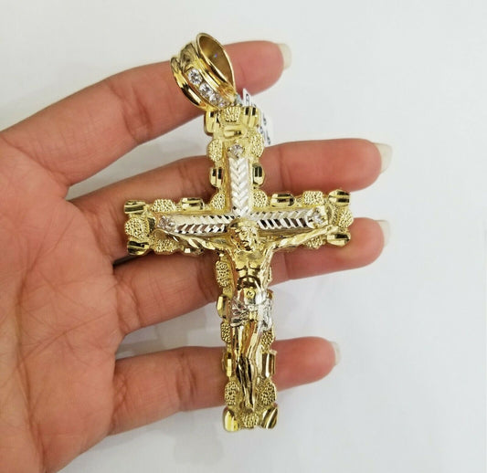 10K Yellow Gold Jesus nugget Cross Pendent Men Women 4" 10kt