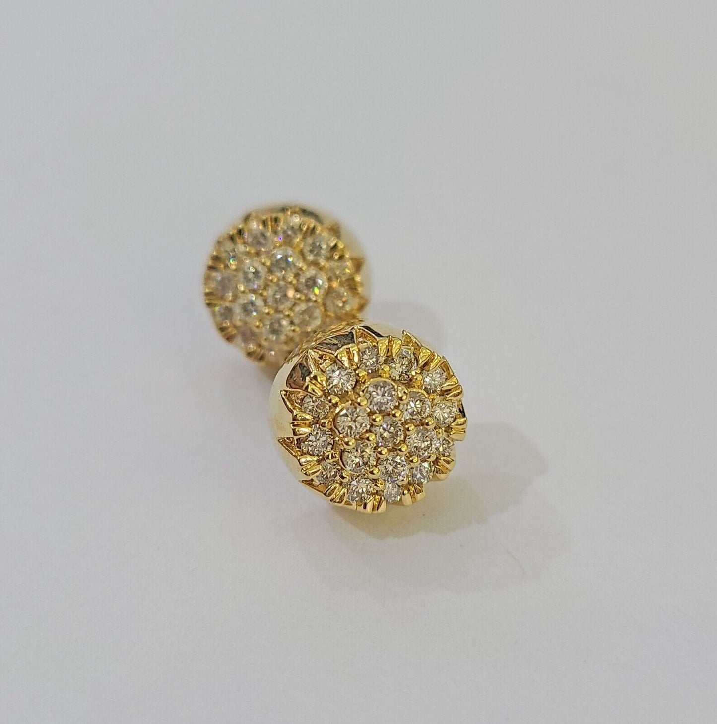 10k Yellow gold Flower Earrings Real Diamond screw-back Women Men studs