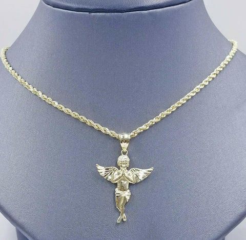10k Yellow Gold Rope Chain, Angel Charm Pendant Necklace Set 18"- 28" Real 10kt