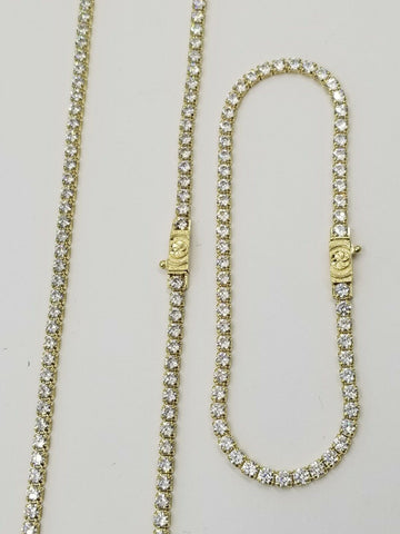 10K Yellow Gold 3mm Tennis Chain Necklace 2 piece 22" 2 Bracelet 1-7" 1-8"