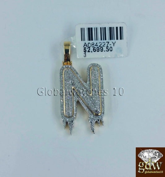 10k Yellow Gold Initials "N" Diamond Charm Pendant 1Inch Alphabate Letter