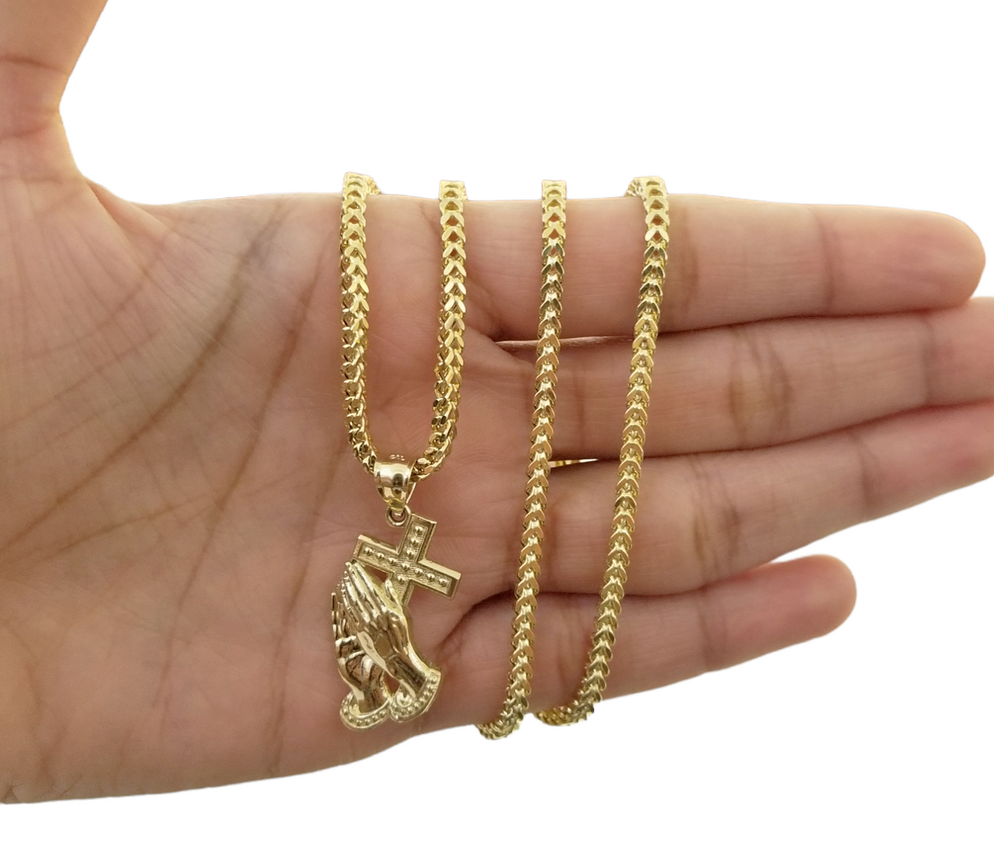 Real 10K Gold Praying Hand Jesus Cross Pendent 4mm Franco Chain 22" Inch Charm