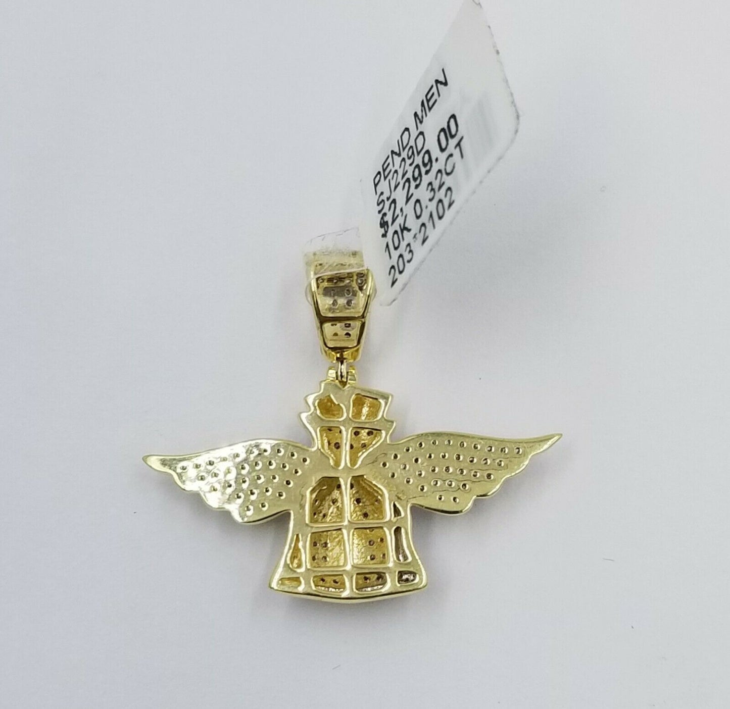 REAL 10k Yellow Gold Diamond Angel Wing Dollar Bag Pendant 3mm Franco Chain