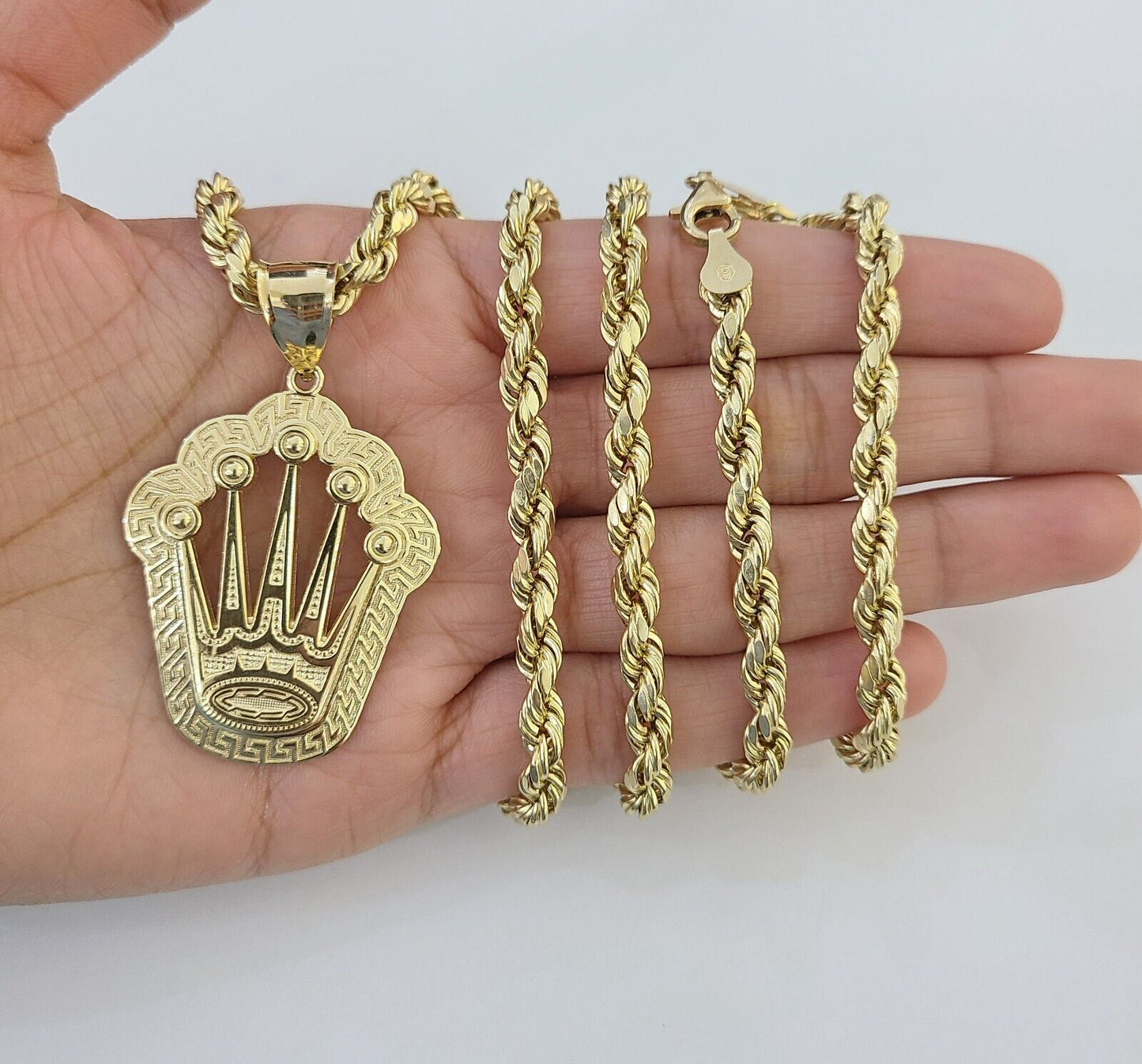 10K Yellow Gold Crown Pendent Charm 6mm Rope Chain 22"