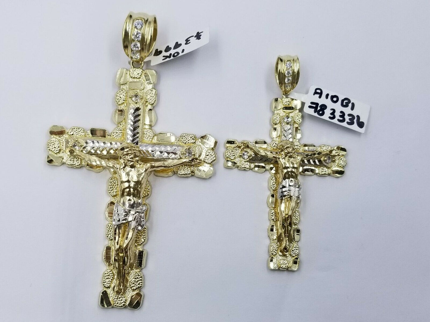 Real 10k Yellow Gold Cross Pendant Nugget Jesus Charm 2.9" 3.9" For Thick Chain