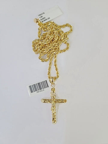 10k Gold INRI Jesus Pendant Rope Chain 3mm 18'' Necklace Set Real Genuine