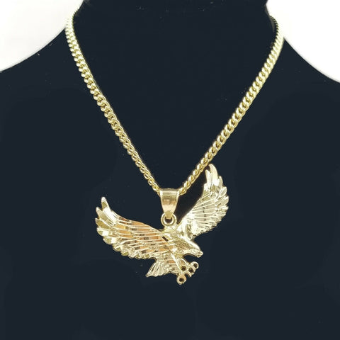 REAL10k Yellow Gold Flying Eagle Charm Pendent Miami Cuban Chain 3mm 18 20 22 24