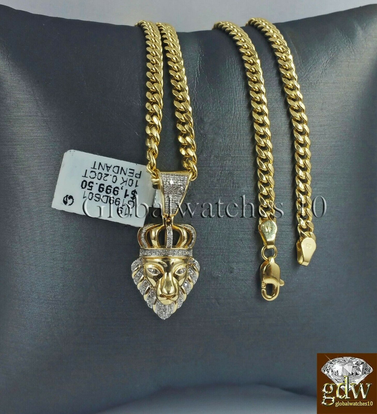 10k Gold & Diamond Lion's Head Charm with 26" Inch Miami Cuban Chain, Men, Real.