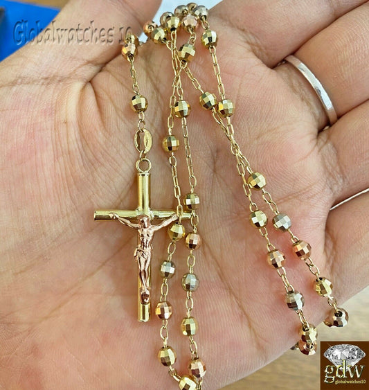 Real 10k Trio-Gold Jesus Crucifix Pendant Rosary Beads Necklace, Diamond Cuts