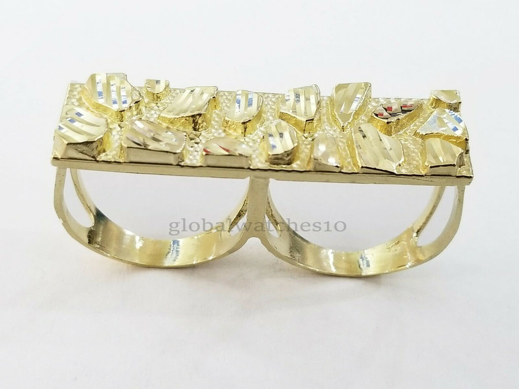 10k Yellow Gold Nugget Two Finger Men's Ring Diamond Cut Design Double ...
