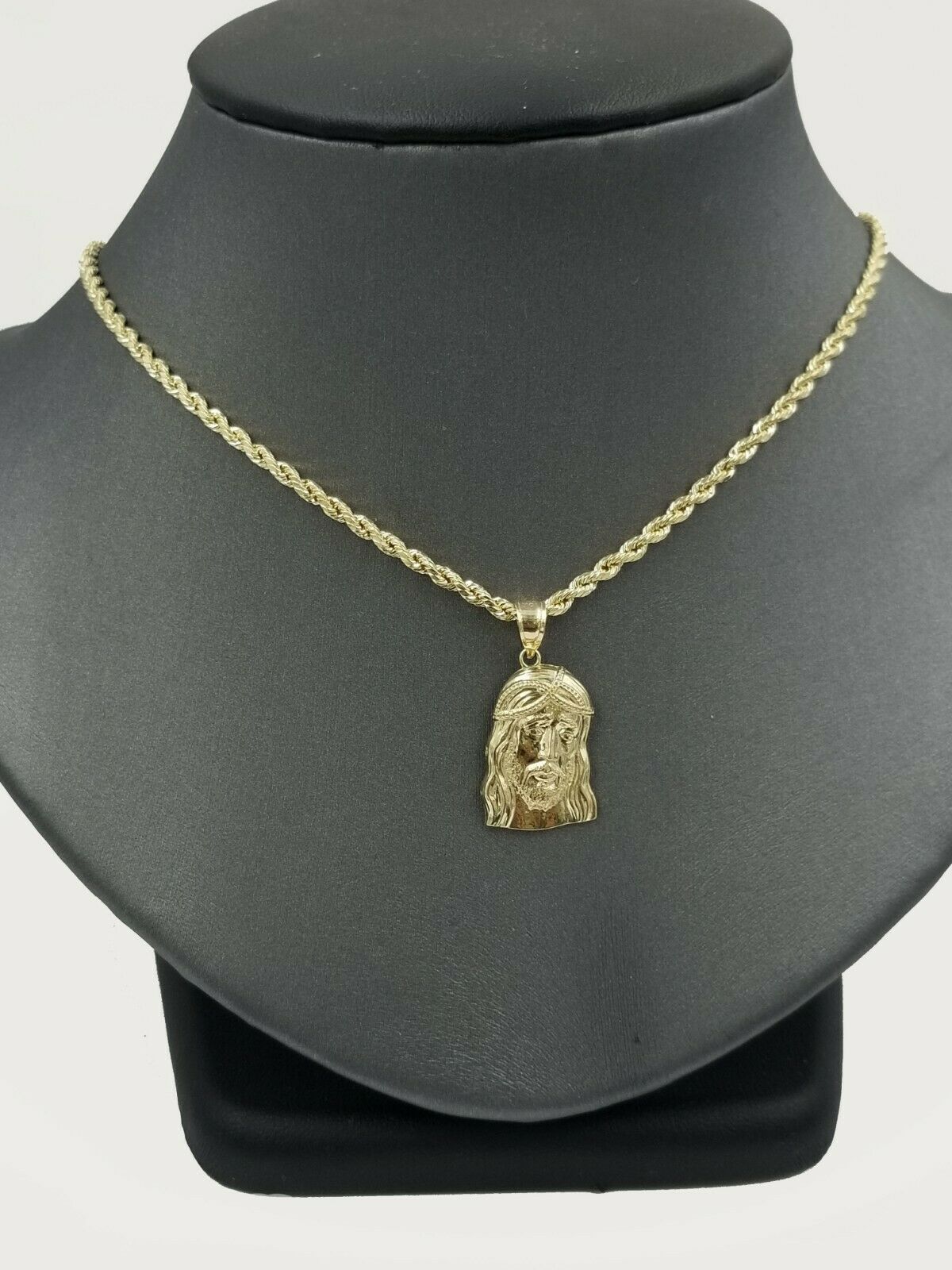 Real 10k Yellow Gold Jesus Head Charm Rope Chain 2.5mm 18" 20" 22" 24' 26" 28"