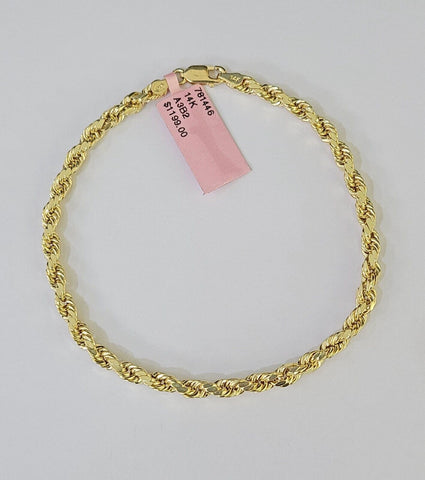 Real 14k Yellow Gold Rope Bracelet 3mm 8 Inch Men women diamond Cut