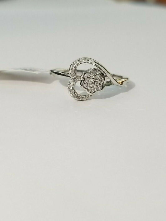 14k White Gold Diamonds ladies Ring Heart shaped Flower Setting , Sizable, REAL