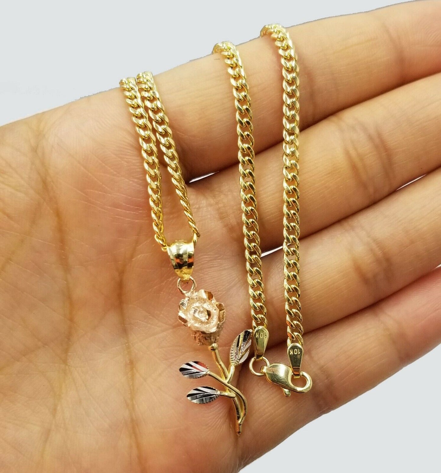 10k Yellow Gold Flower Charm Pendant Cuban Chain Necklace 3mm 16" 18" 20" Women