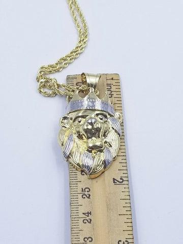 10k Gold Crown Lion Head Charm Pendant Diamond Cut 2.5mm 18" - 26" Rope Chain