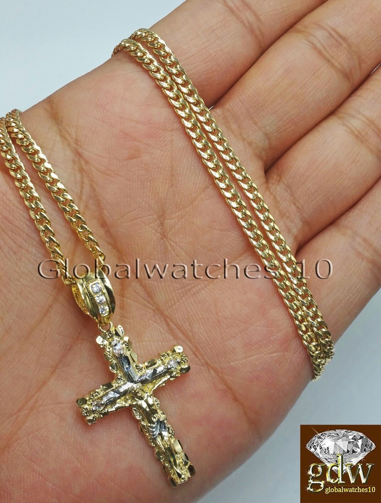 Real 10k Yellow Gold Jesus Cross Charm Pendant 18" Miami Cuban Link Chain SET