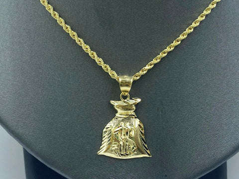 Real 10k Gold Mens Money Bag Charm Pendant Rope Chain 18 20 22 24 26 28 Inch