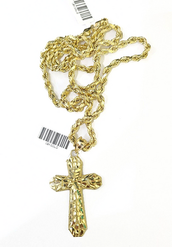 10k Gold Rope Chain & Cross Charm Pendent SET 4mm 24 Inches Necklace