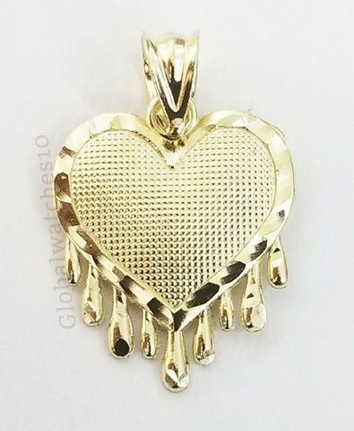 Real 10K Yellow Gold Love Dripping Heart Diamond Cut Men Women Charm Pendant