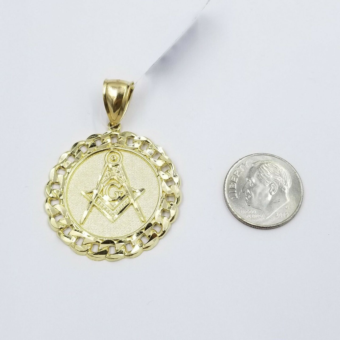 10K Yellow Gold Masonic Mason Charm Pendant Miami Cuban Design Diamond Cut 1.5"