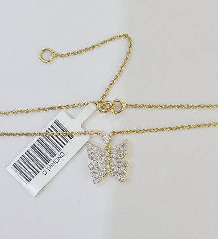 Real 10k Yellow Gold Butterfly Pendant Chain Necklace Set Women