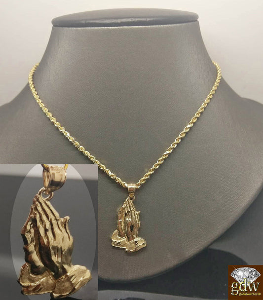 10k Yellow Gold Rope Chain Necklace 20" Praying Hand Charm Pendant Unisex