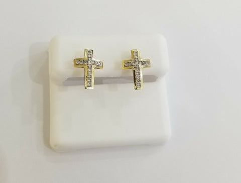 Real 10k Yellow Gold Cross Earring with 0.10CT diamond screw-bag Men Women studs