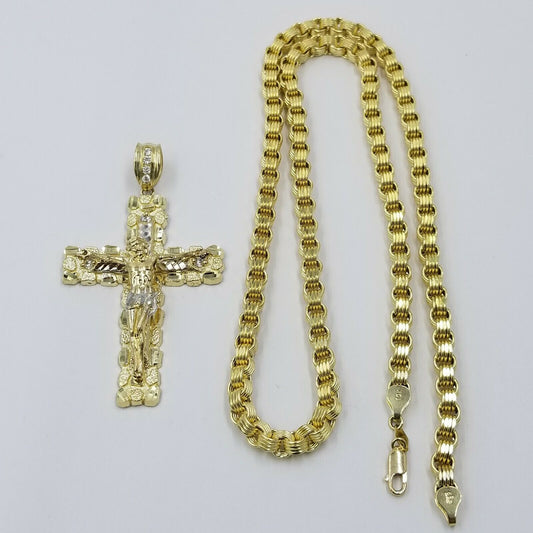 10k Gold Byzantine 24" Necklace Jesus Nugget Cross Pendant 3" Charm 5mm Chain