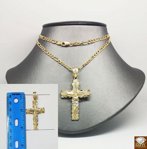 Real 10k Yellow Gold Figaro Chain With 10k Jesus Cross pendant, 20"-28" Necklace