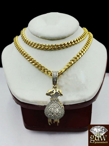 Real 10k Yellow Gold and Diamond Money Bag Charm with 24 Inch Miami Cuban Chain.