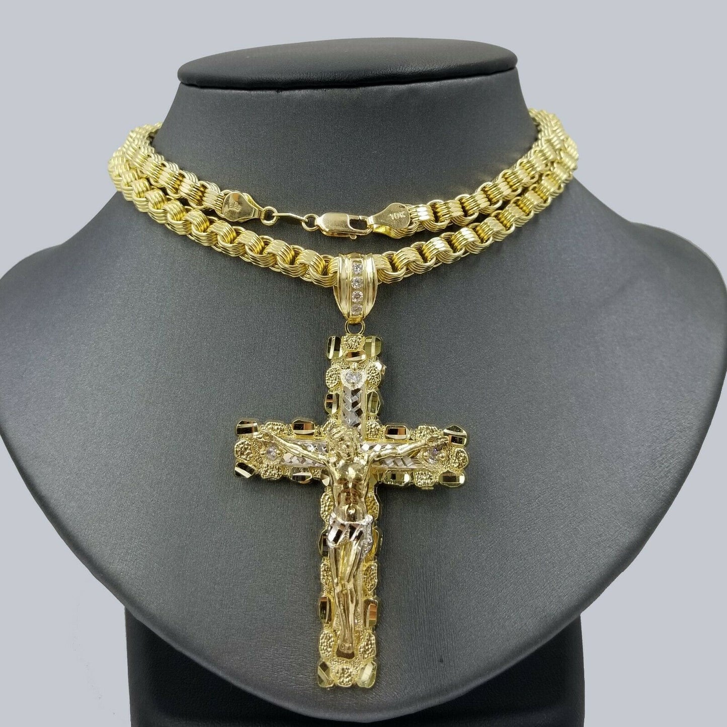 10k Gold Byzantine 24" Necklace Jesus Nugget Cross Pendant 3" Charm 5mm Chain