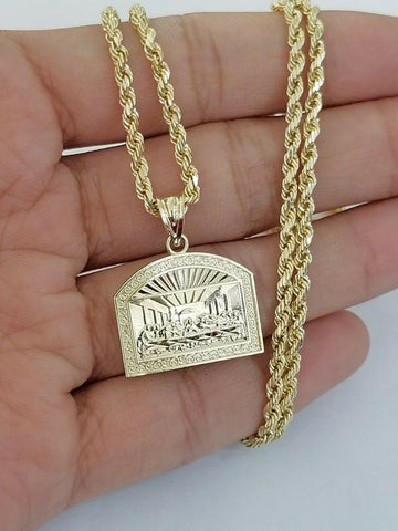 Real 10k Gold Last supper Charm Rope 2.5mm Chain Pendant ,18 20 22 24 26 28 Inch