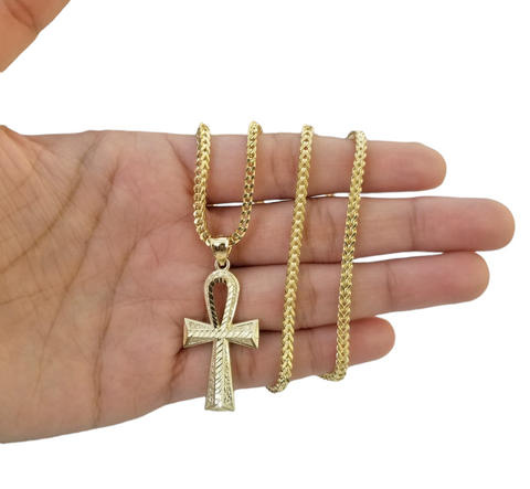 Real 10k Gold Ankh Cross Egyptian Symbol Pendent 3mm Franco Chain 18"-28" Inch