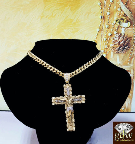 Real 10k Yellow Gold Jesus Cross Charm/Pendant with 26 Inches Miami Cuban Chain.