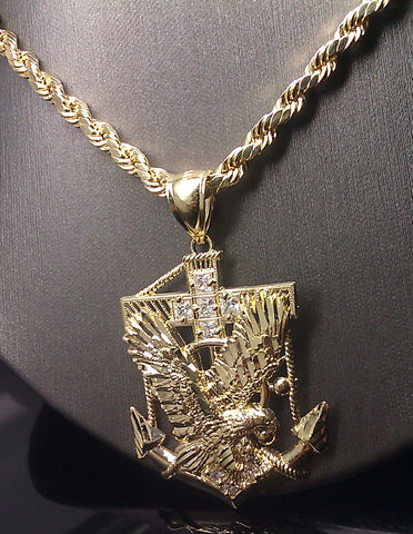 Men 10k Yellow Gold 26" Rope Chain American Eagle Anchor Charm