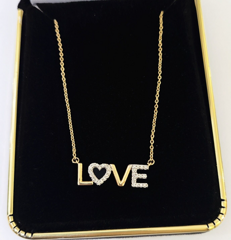 Real 10k Yellow Gold LOVE Pendant Chain Necklace Set Women