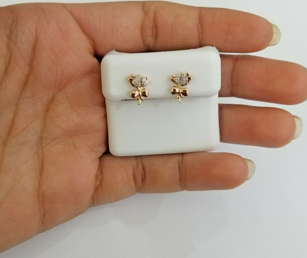 Real 10k rose gold flower Earring with 0.04CT diamond screw-bag Women studs