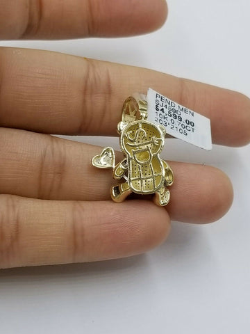 Real 10k Gold Diamond Teddy Bear Pendant With Red Heart Charm For Ladies /Women
