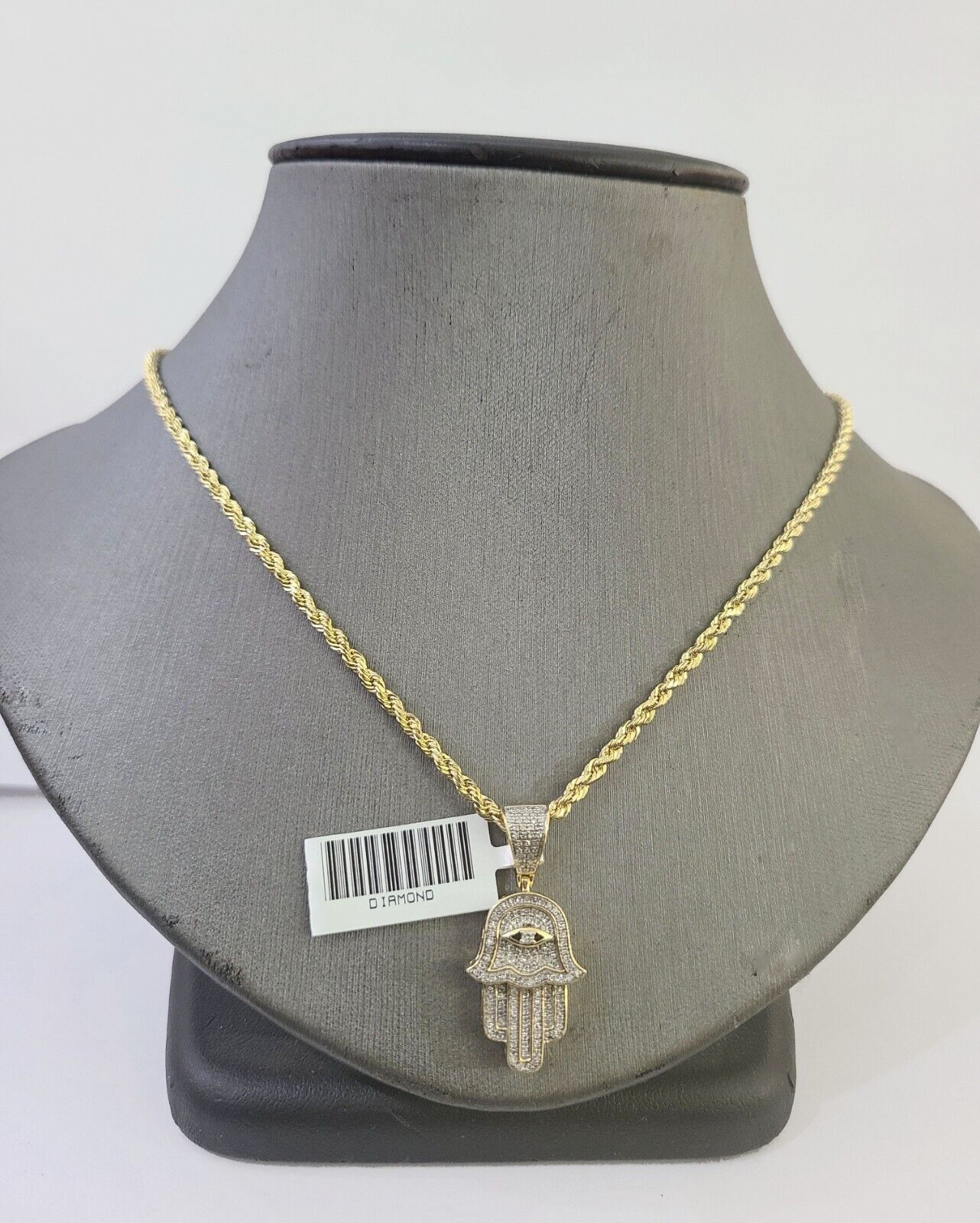 10k Yellow Gold & Diamond Hamsa Hand Charm and 24" inches Rope Chain