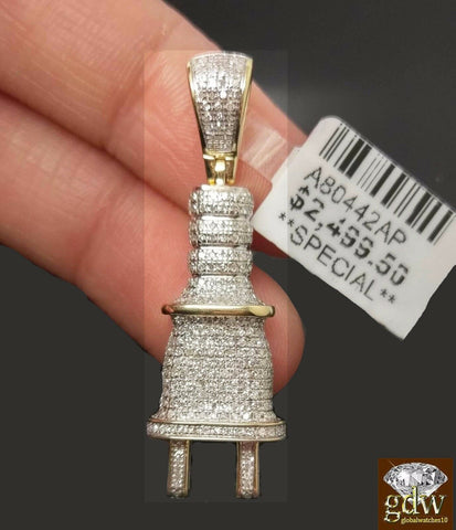 Real 10k Yellow Gold 1/2CT Genuine Diamond Plug Charm Pendent 24 Inch Rope Chain