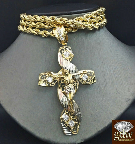Real 10K Yellow Gold 28" Inch Rope Chain with Jesus Cross Charm Pendant  Men