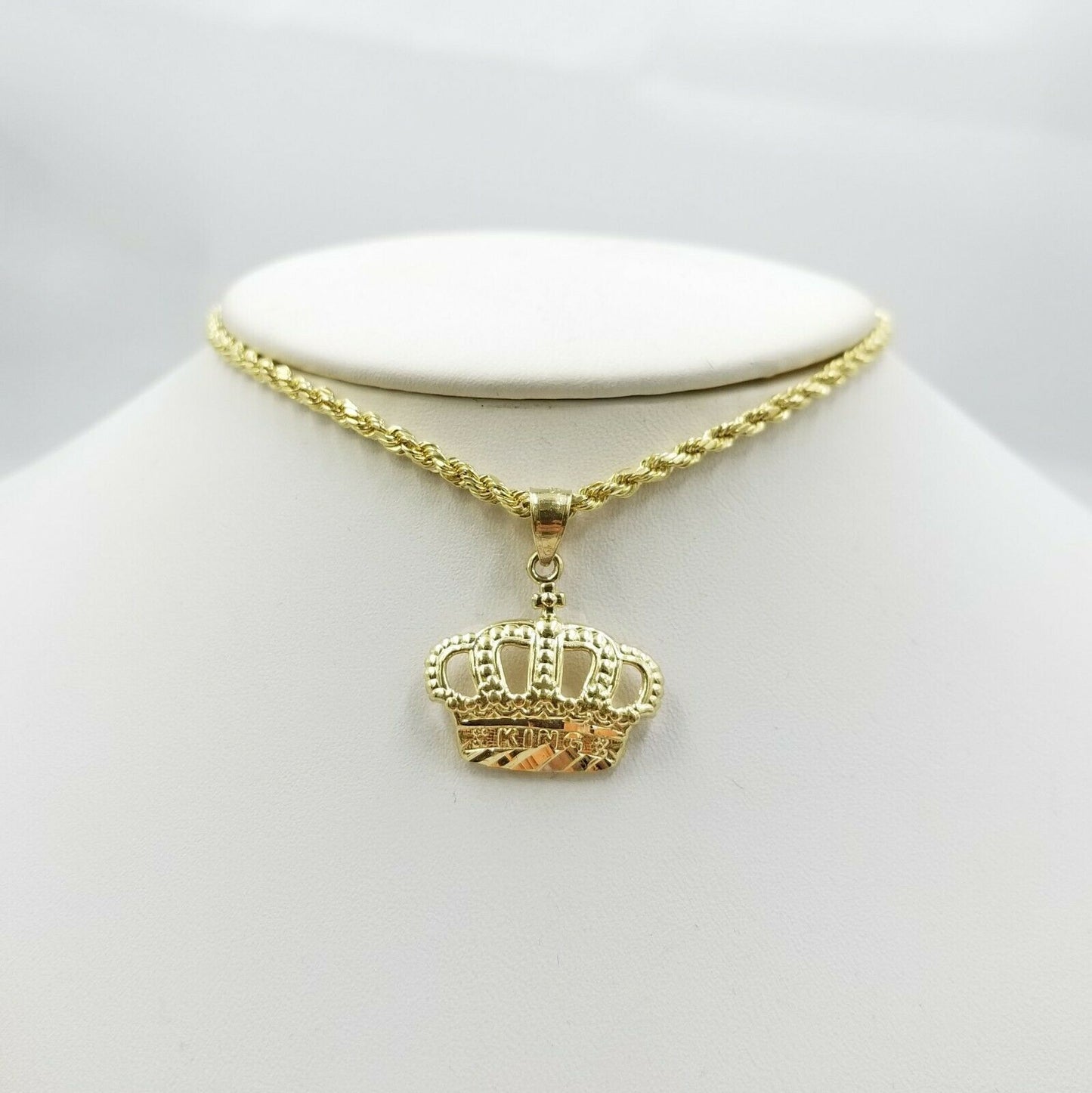 10K Yellow Gold King Crown Charm Pendant Rope Chain 18 20 22 24 26 Inch 3mm