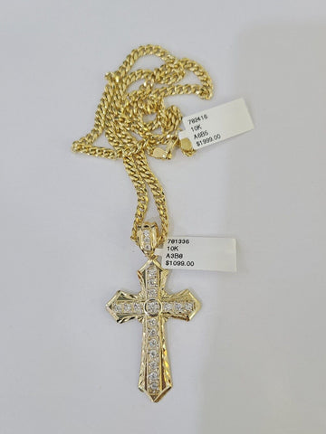 10k Nugget Cross Charm Miami Cuban Chain 4mm 22 inch SET Yellow Gold